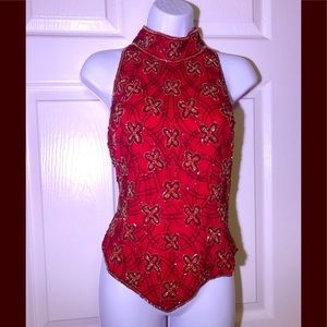 Vintage Papell 100%Silk Red Beaded Top Size M